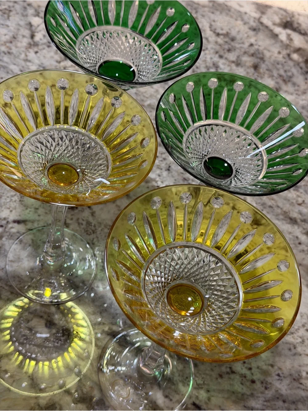 Vtg Handmade Hungarian Martini Glasses Set of 4 Emerald Green & Yellow Crystal